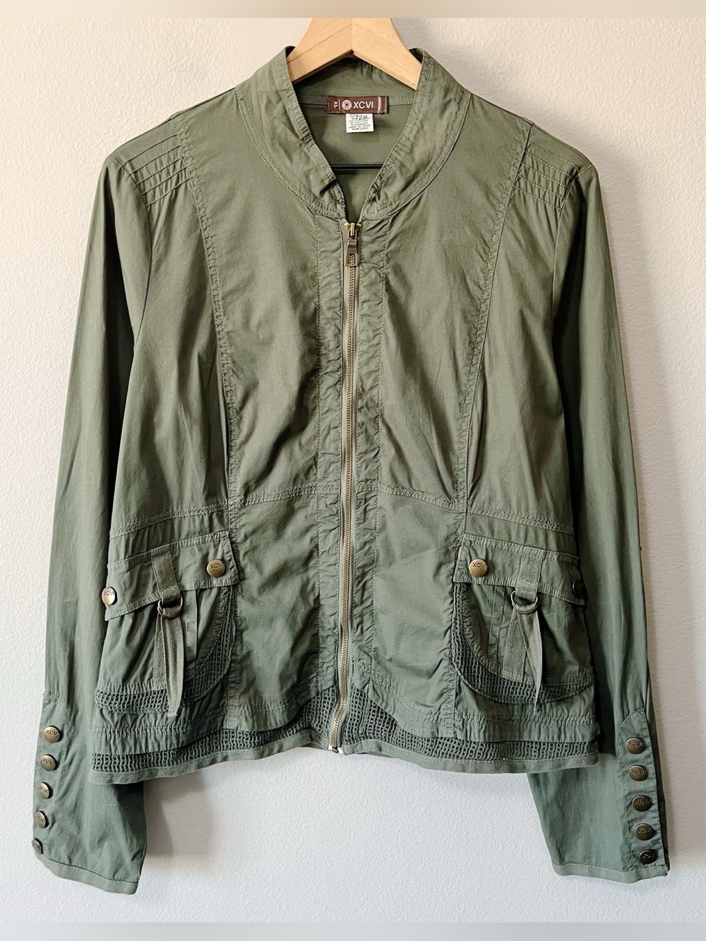 XCVI Army Green Full Zip Lightweight Utility Jacket Size XL Boho Pockets - Picture 2 of 10